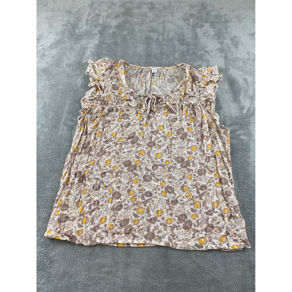 Old Navy Girls Large Floral Gauze Flutter Sleeve Tie Neck Boho Top Cream Brown